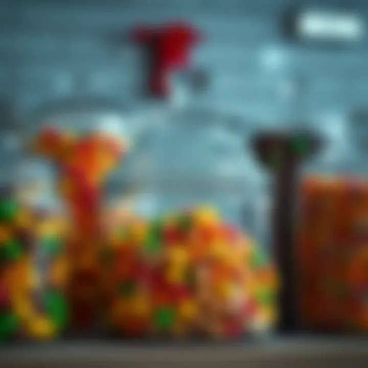 Various types of large candy jars with lids displayed on a shelf