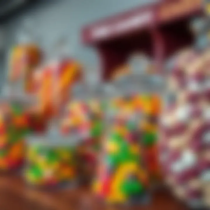 A variety of large clear glass candy jars filled with colorful assorted sweets on a wooden table