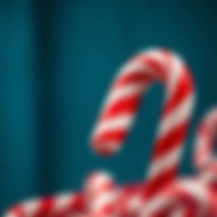 A close-up of a large classic striped candy cane with red and white swirls