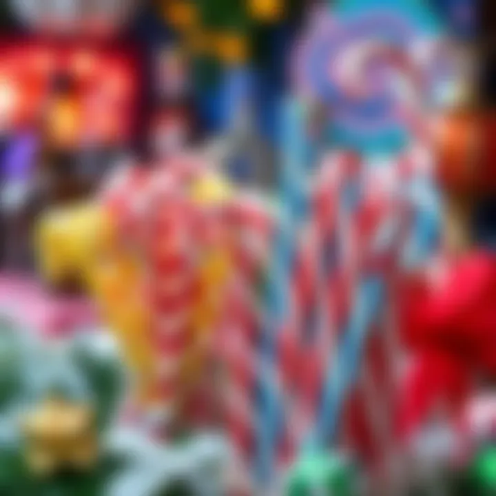 A variety of colorful big candy cane sticks arranged on a festive table setting