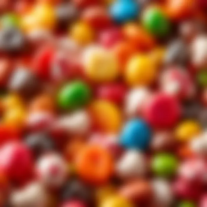 Close-up of a variety of Australian candies arranged neatly, showcasing textures and colours ideal for assembling a candy cake