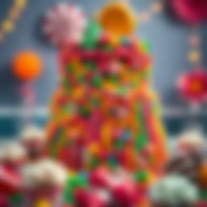Vibrant colourful candy cake featuring an assortment of sweets stacked in layers, creating a festive party centrepiece