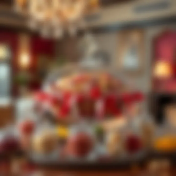 Creative display of a large candy bowl decorated with ribbons and surrounded by small candy jars