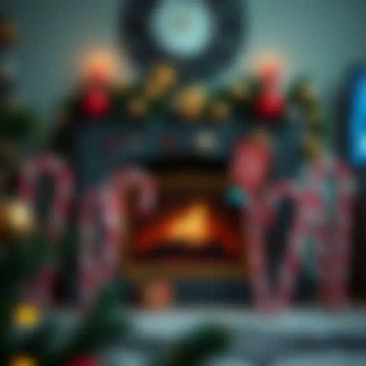 Indoor holiday scene featuring oversized candy canes arranged around a cozy fireplace with festive ornaments