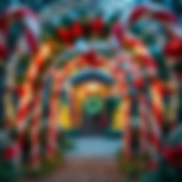 Large red and white striped candy canes decorating an outdoor garden archway with holiday lights
