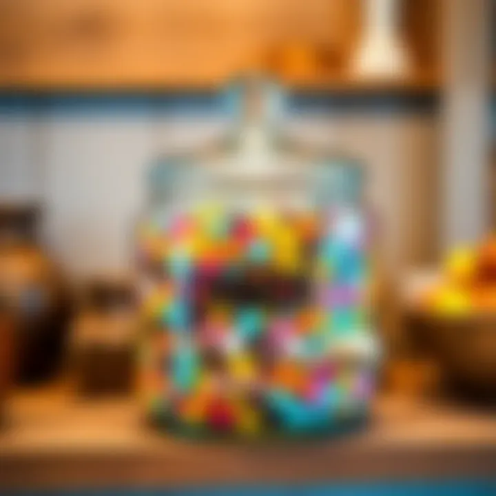Decorative vintage-style candy jar with lid placed on a wooden shelf