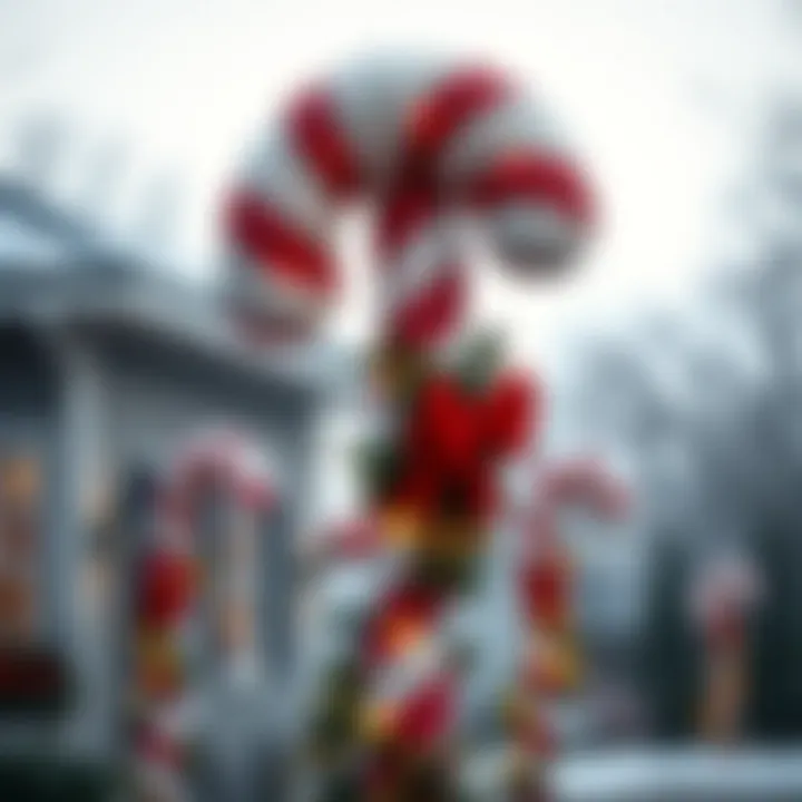 Finished big candy cane decorated with red and white stripes and outdoor lights