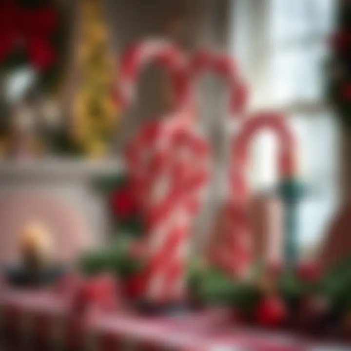 Close-up of handcrafted large candy canes with red and white stripes displayed on a cozy holiday-themed table