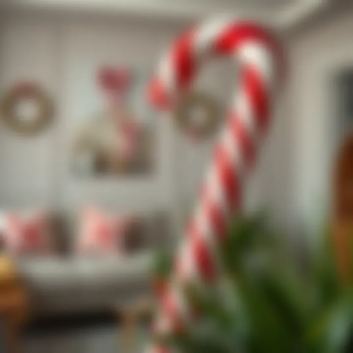 Giant candy cane prop with red and white stripes used as a cheerful room accent