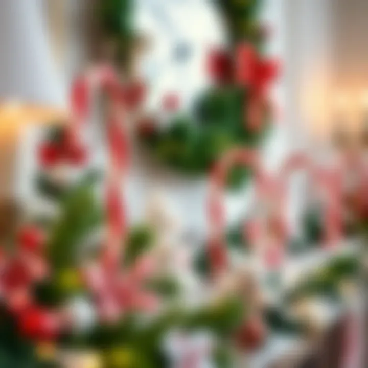 Big candy canes used as Christmas decorations on a holiday mantelpiece