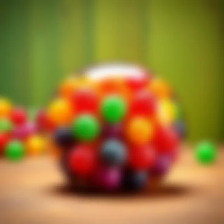 Colorful large candy spheres displayed on a wooden surface