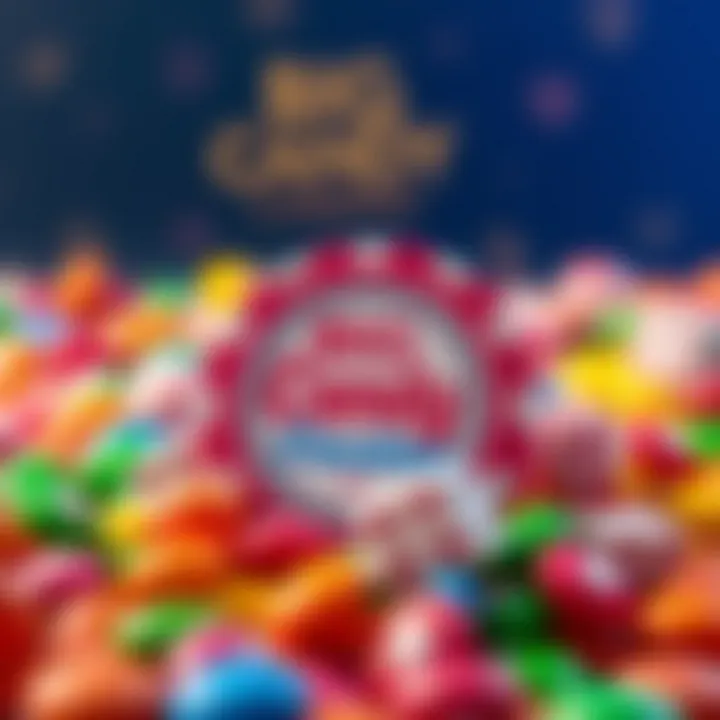 Bright colorful candies surrounding a casino chip and dice symbolizing Big Candy Casino bonuses