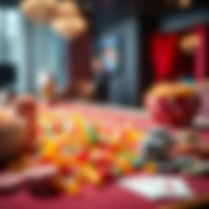 Colorful assortment of candy pieces arranged on a casino-themed table with game chips and cards