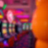 Brightly lit candy-themed casino interior showcasing slot machines decorated with candy motifs and vibrant signage