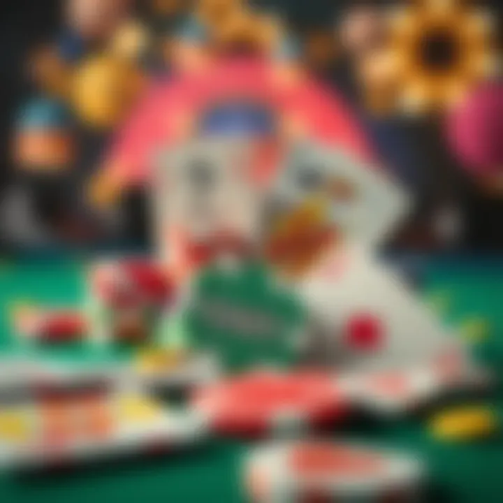 Colorful casino chips and playing cards representing Big Candy Casino no deposit bonus