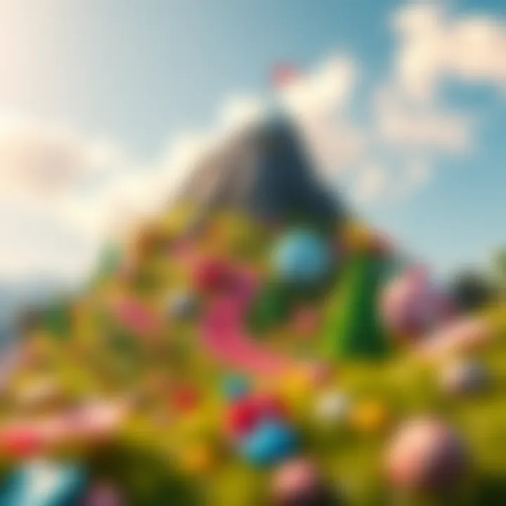 Vibrant illustration of a whimsical mountain made of colorful candy and sweets, surrounded by lush greenery under a bright sky