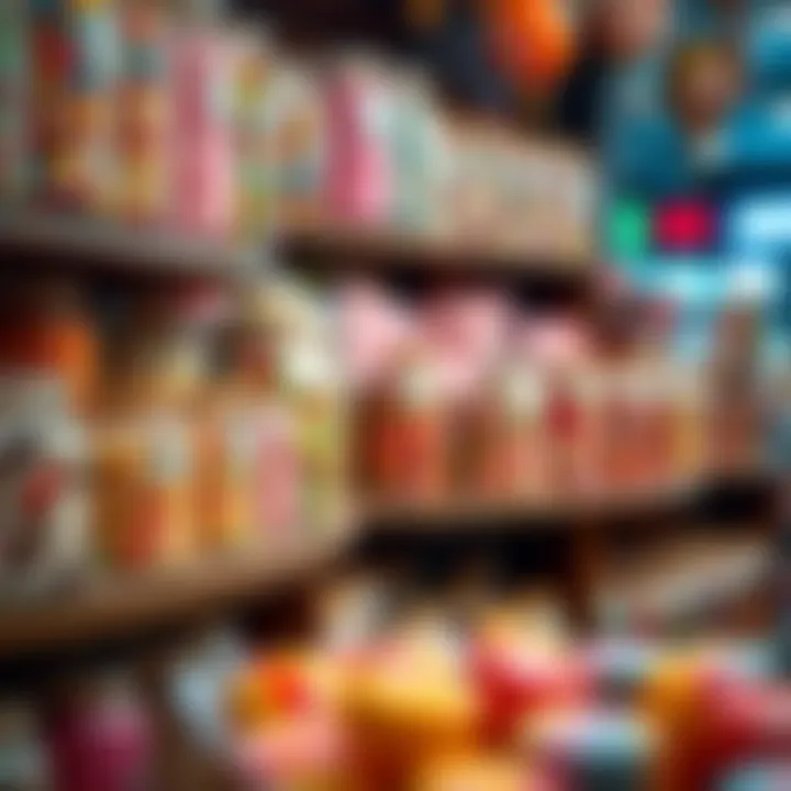 Colorful display of assorted candies in clear jars on wooden shelves inside a vibrant candy shop