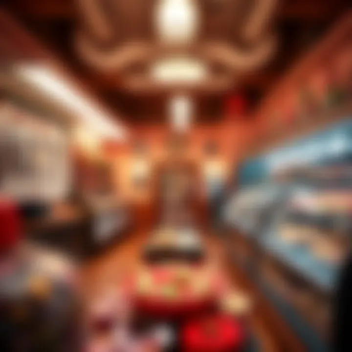Cozy interior of a large candy shop with bright lighting, decorated walls, and rows of sweet treats for various tastes