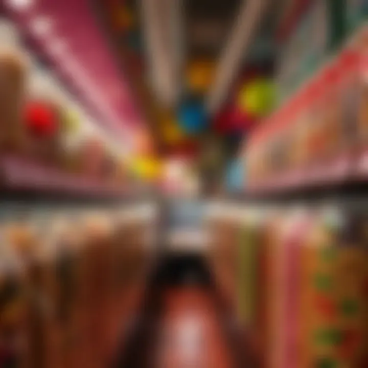 Interior view of a bustling candy shop with rows of jars filled with classic and international confections