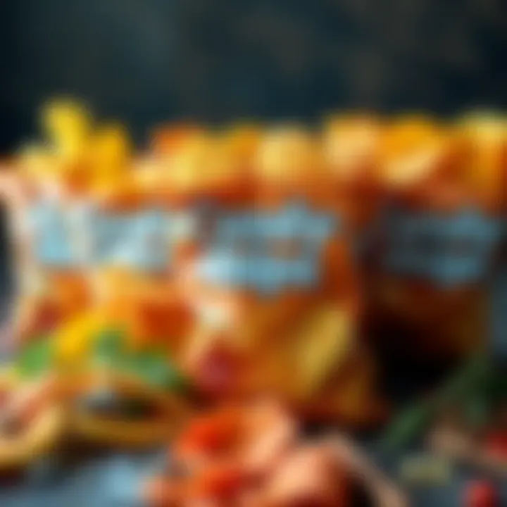 Variety of colorful chips and crisps displayed with fresh herbs and spices