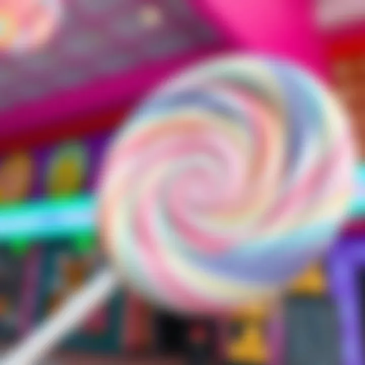 Giant Swirled Lollipop Showcasing Artistic Candy Design Close-up of a giant lollipop with swirling patterns in pastel colors against a lively background