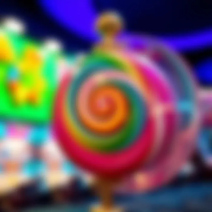 Close-up view of a large colorful candy spinning on a mechanical stand showing intricate swirl patterns