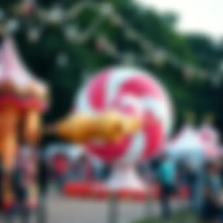 Outdoor festival scene featuring a giant spinning candy as a centerpiece surrounded by decorations and attendees