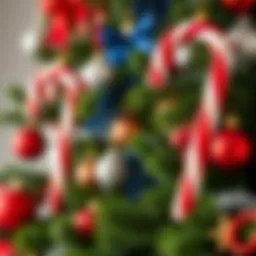 Close-up of vibrant oversized candy canes hanging on evergreen branches with festive ornaments