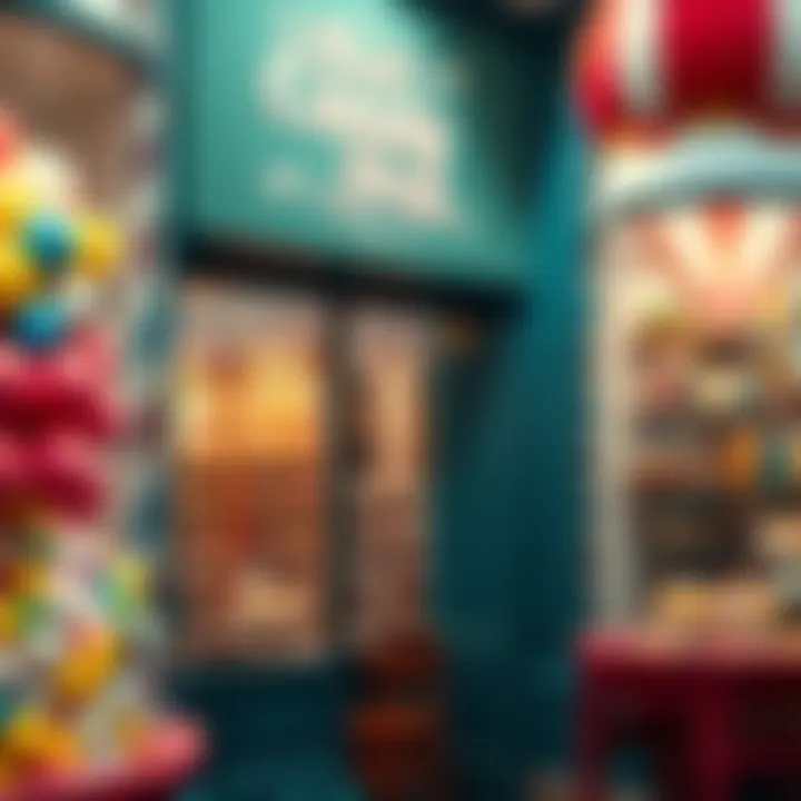Storefront of a big candy shop with a variety of sweets visible through the window
