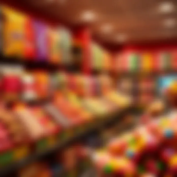 Colorful assortment of candies and chocolates displayed inside a spacious candy store