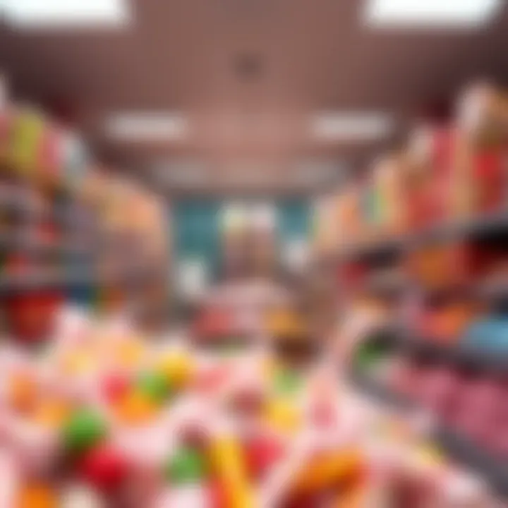 Colorful shelves filled with assorted candy varieties in a large retail shop