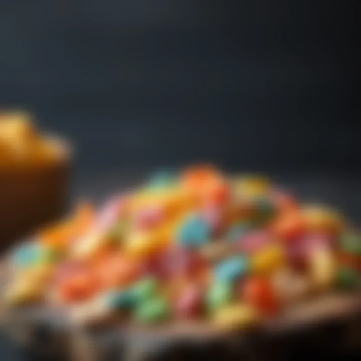 Variety of colorful candy-free chips in different shapes and flavors displayed on a wooden board