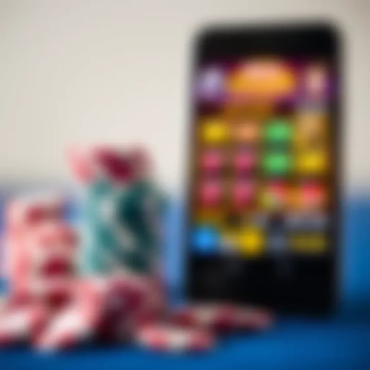 Virtual casino chips stacked beside a mobile device displaying slot game graphics