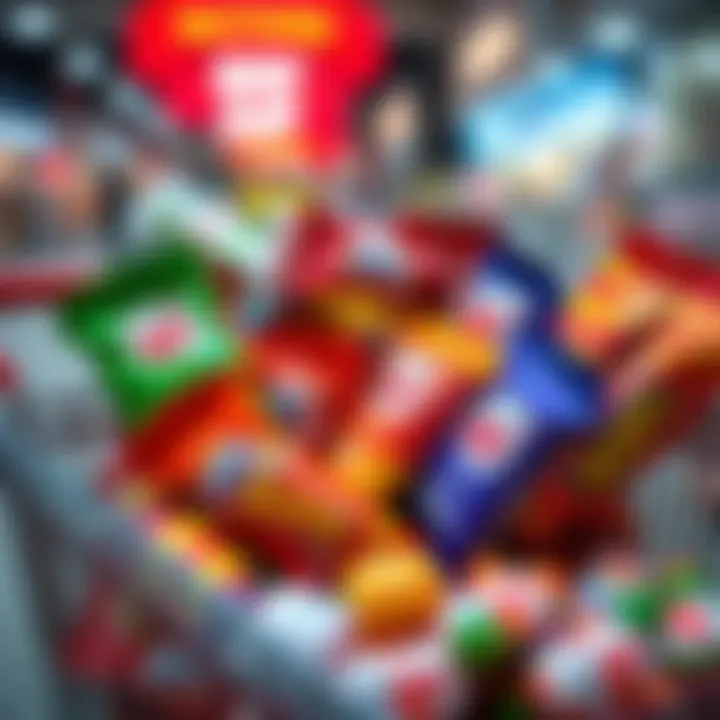 Colorful assortment of candy packages with discount tags in a shopping cart