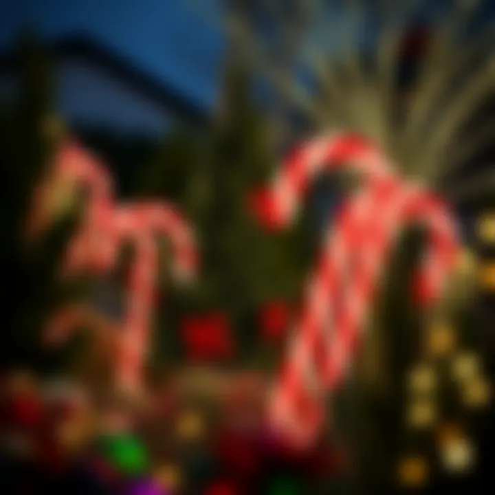 Outdoor display featuring giant candy cane decorations surrounded by holiday greenery and sparkling lights