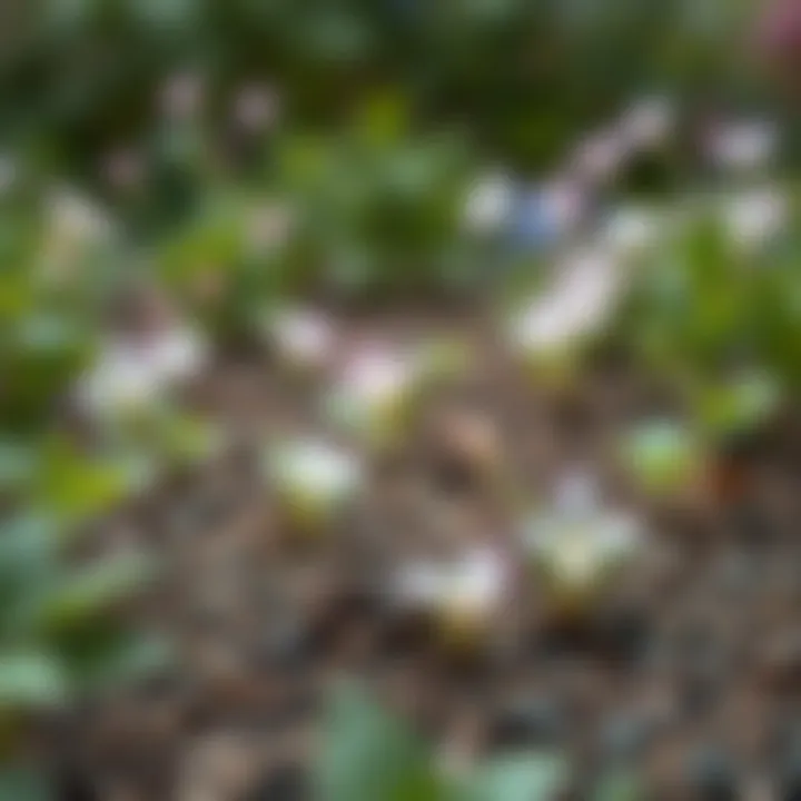 Close-up of healthy soil enriched with organic matter surrounded by thriving candy blossom plants