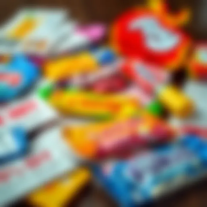 Various candy wrappers and discount coupons laid out on a table
