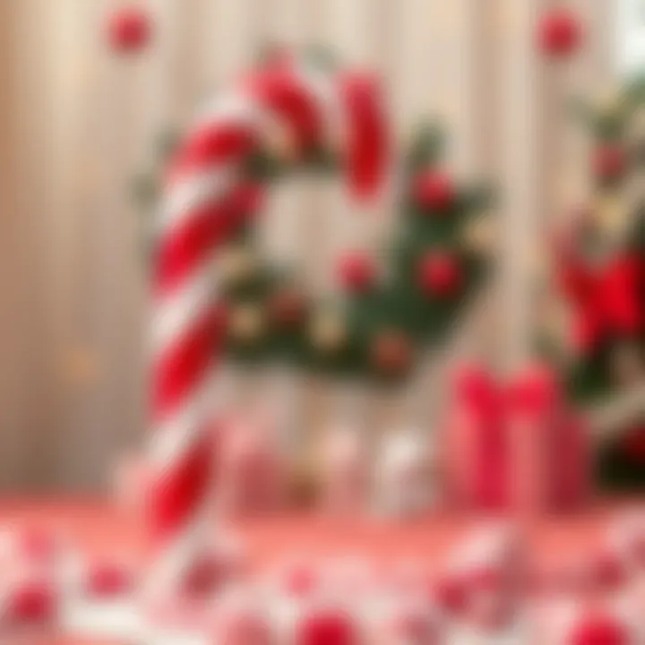 A large striped candy cane shaped with red and white colors standing upright on a festive background