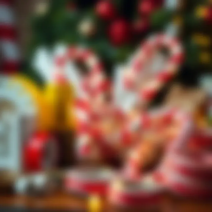 Collection of crafting supplies including PVC pipes, red tape, and lights used for creating oversized holiday candy canes