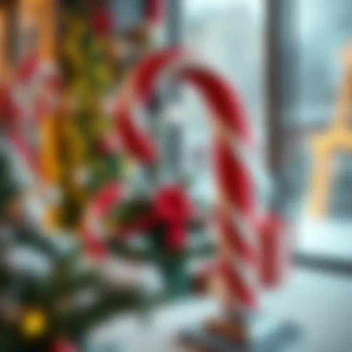 Large festive candy cane decoration made of red and white striped materials standing against a winter holiday backdrop