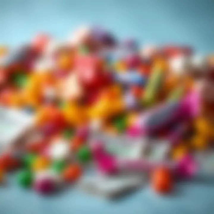 Colorful assortment of popular candy with discount coupons scattered around