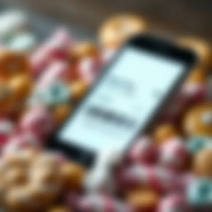 Smartphone displaying a coupon code on screen surrounded by various sweets