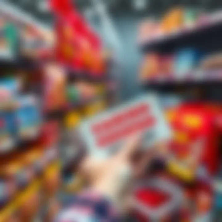Close-up of a hand holding a coupon near a store shelf full of confectionery products