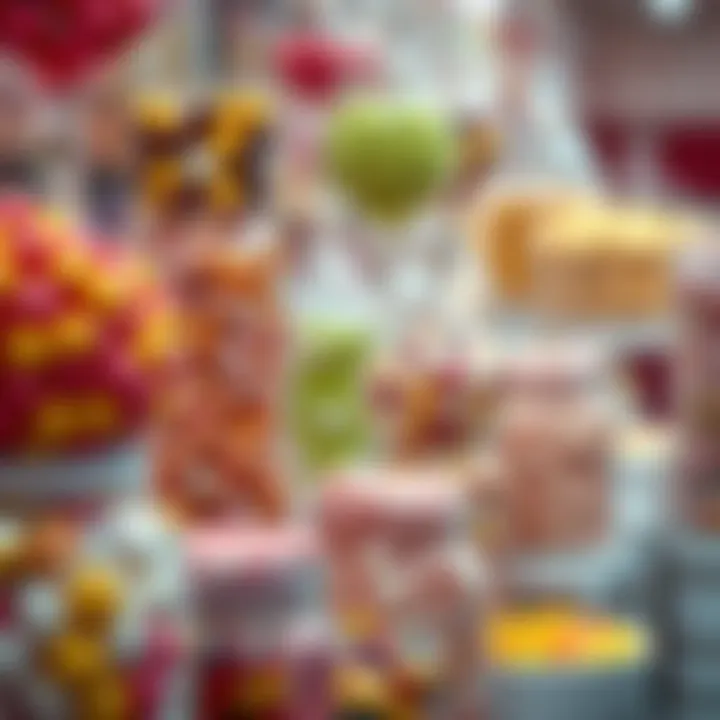 Close-up of assorted bright and appealing candies in jars and containers at a candy store