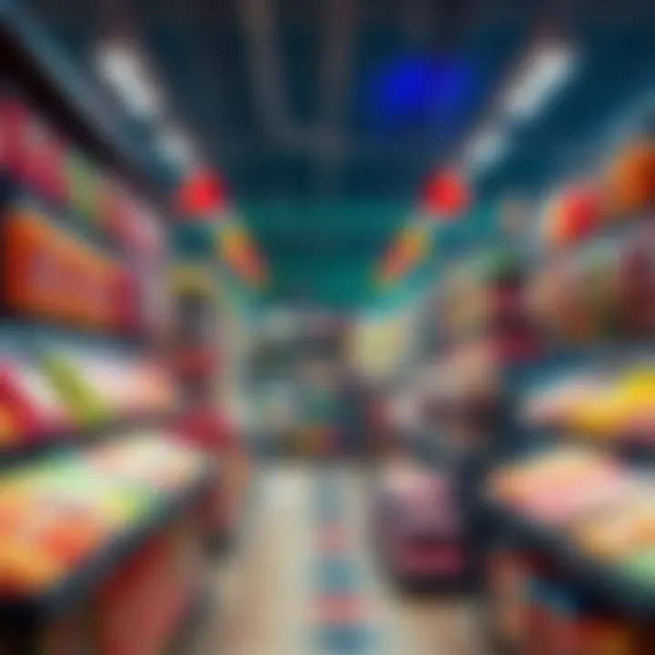 Colorful shelves filled with various types of candies and sweets inside a large candy store