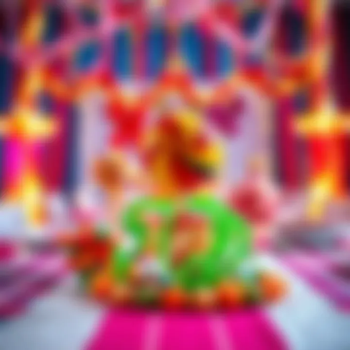 Bright large candy decorations displayed on a party table with vibrant ribbons and festive background