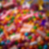 Colorful assortment of bulk lollies and candy with discount tags and promo codes