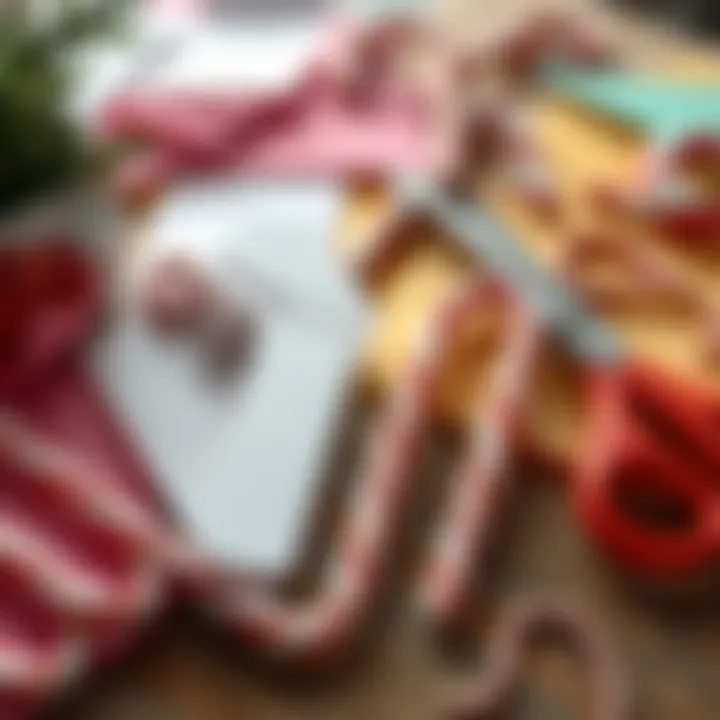 Craft materials including colored paper and scissors arranged for creating custom candy cane decorations