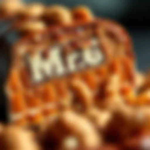 Close-up of a Mr. Big candy bar showing its layers of caramel, peanuts, and chocolate coating