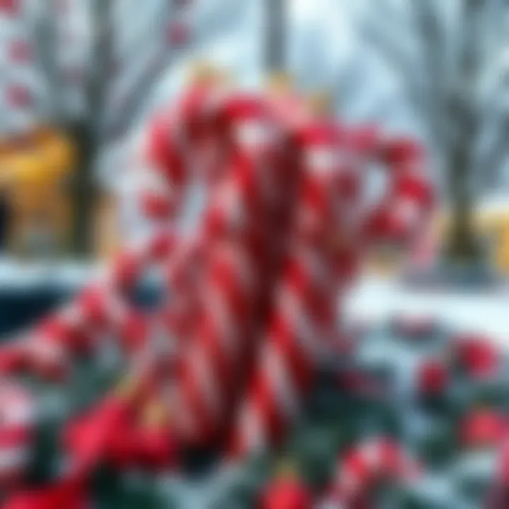 Cluster of oversized candy cane ornaments made from glossy red and white materials displayed outdoors during winter